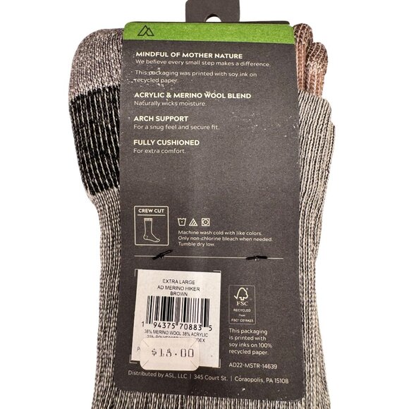 Alpine Design Hiking Sock Merino Wool Size XL Men's 13-15 NWT Brown Gray - Picture 3 of 4